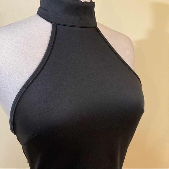 Halter Lace Up Back Bodycon Little Black Dress - Picture 2 of 4